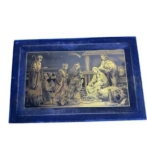 Wall Hanging Christmas Nativity Scene Velvet Framed Gold Plastic 21" x 13" Art